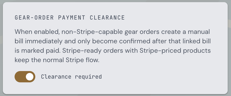 Branch Settings - Gear-order payment clearance toggle