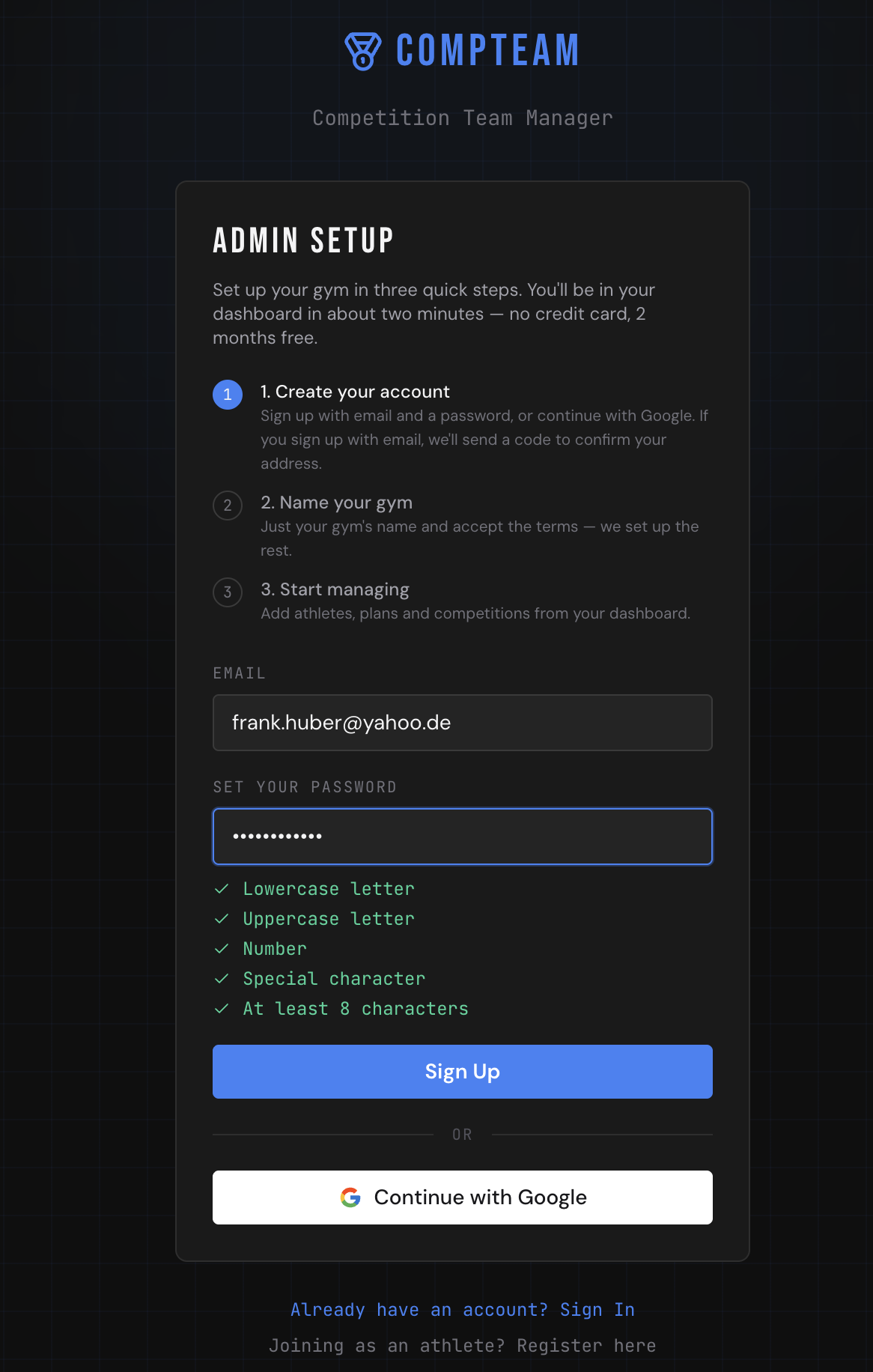 Admin Setup — sign-up form with three-step overview