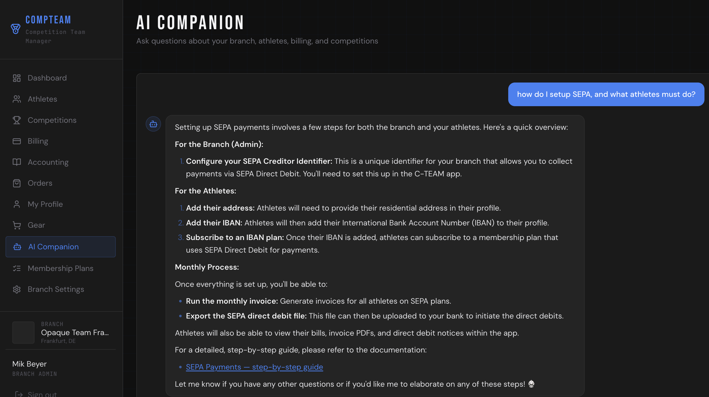 AI Companion — answering a question about SEPA setup