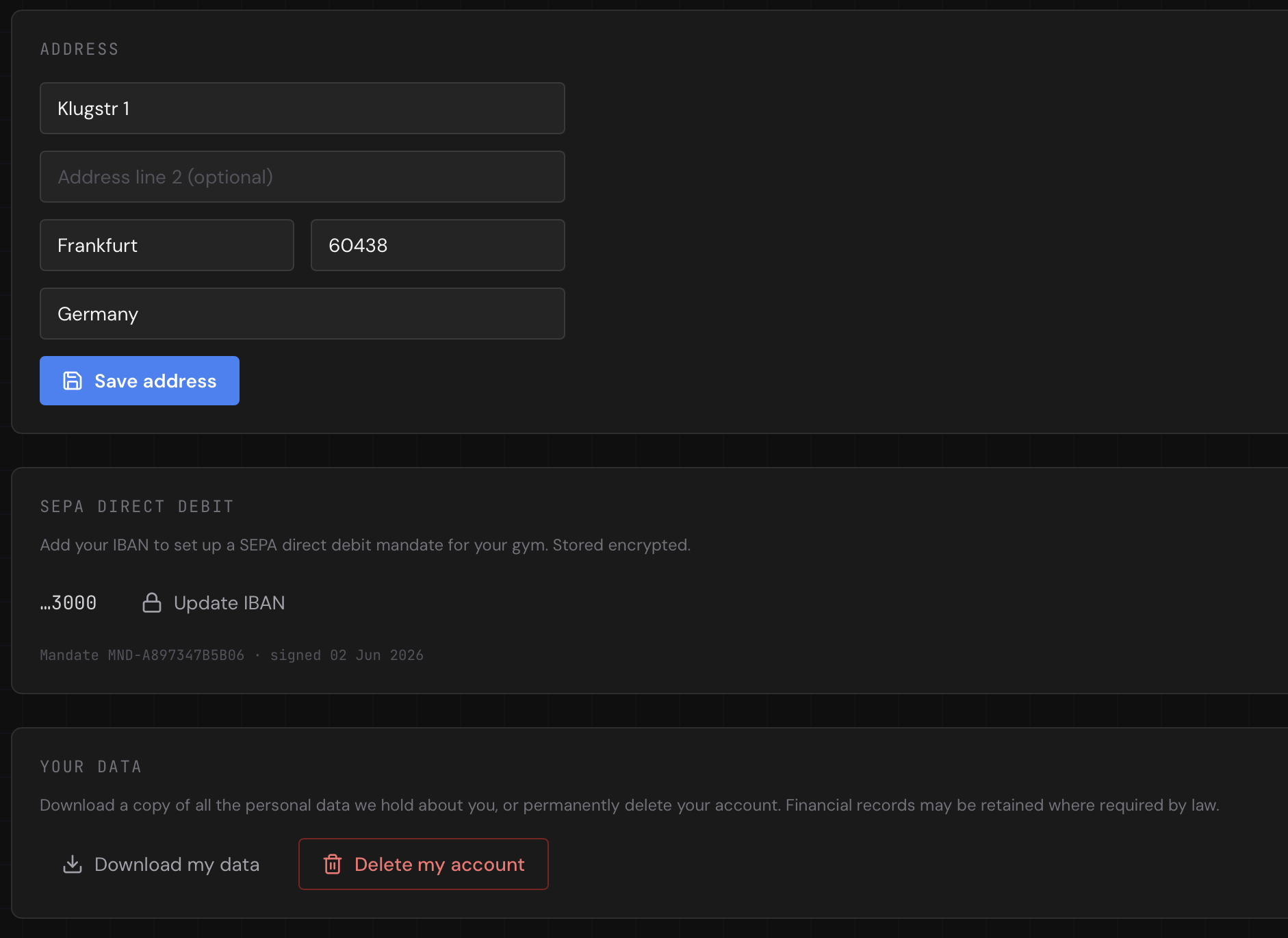 Athlete profile settings — address form and SEPA Direct Debit section