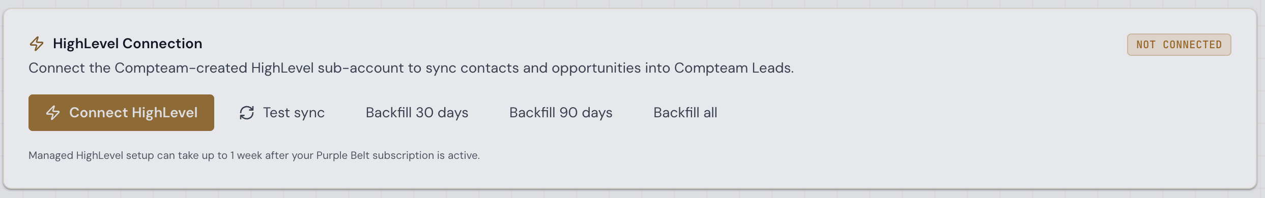 Compteam Leads page showing the HighLevel connection banner and backfill buttons
