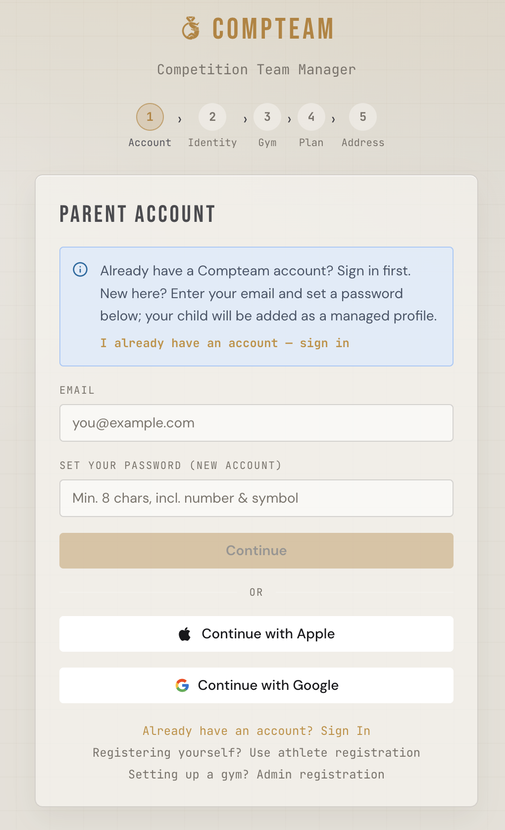 Kinderregistrierung im Schritt Elternkonto mit E-Mail, Passwort und Social-Login