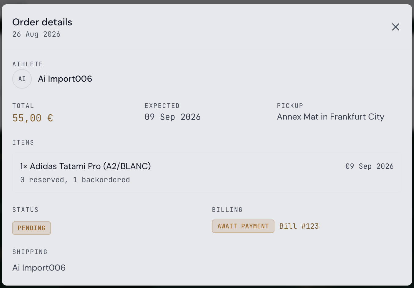 Gear order details - linked bill awaiting payment before confirmation