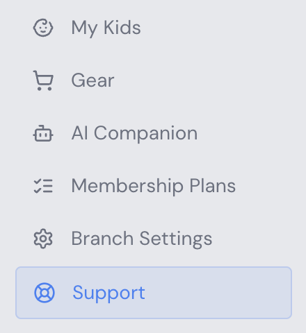 Sidebar navigation with the Support link highlighted