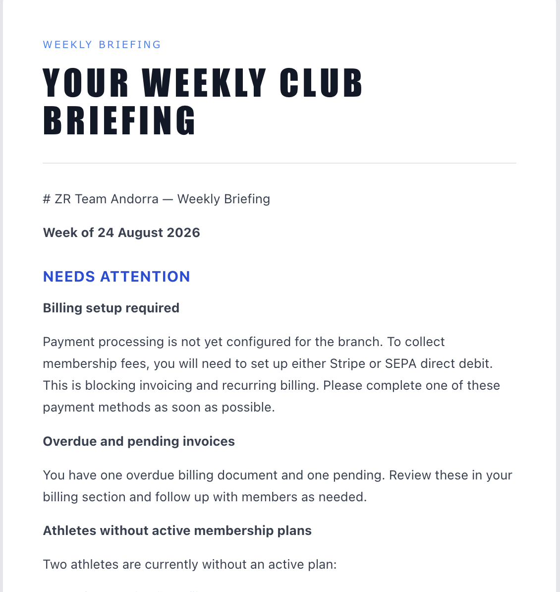 Wöchentliches Club-Briefing mit Punkten zu Zahlungseinrichtung, Rechnungen und aktiven Plänen