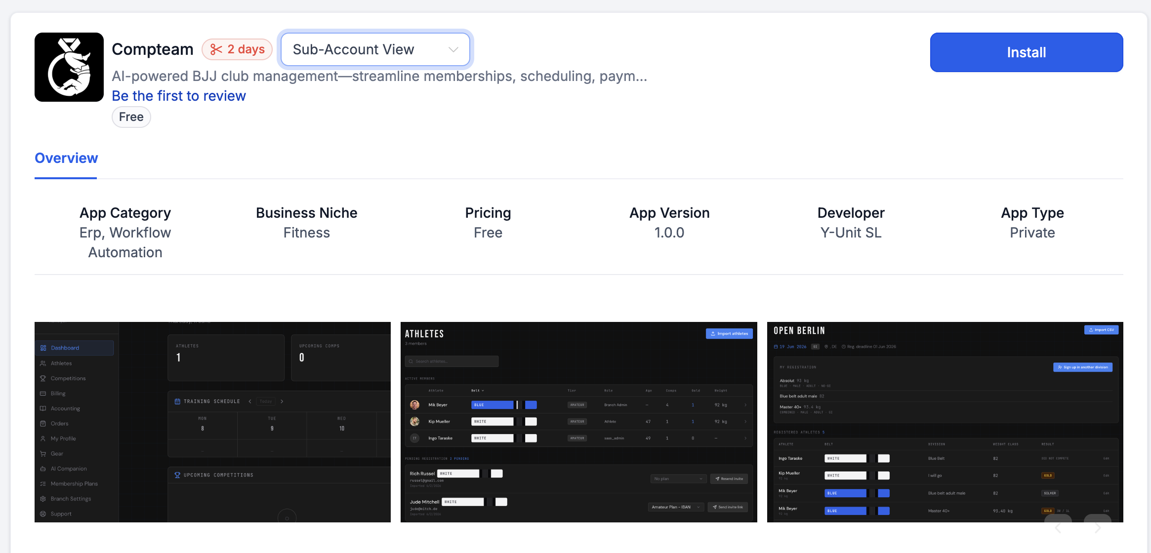 HighLevel marketplace page for the Compteam app with the Install button