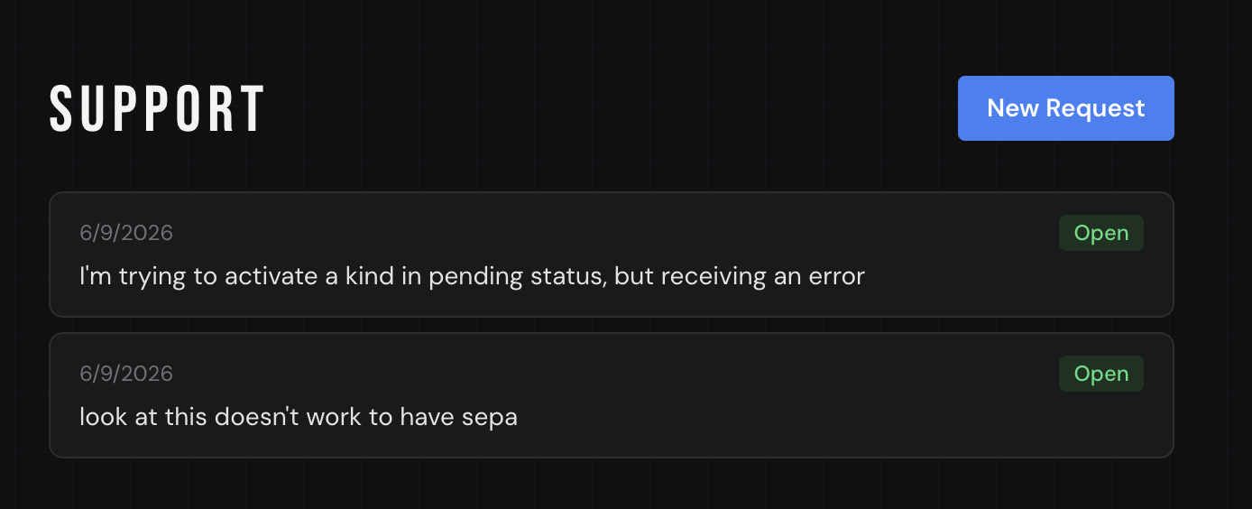 Support page showing a list of open requests and the New Request button