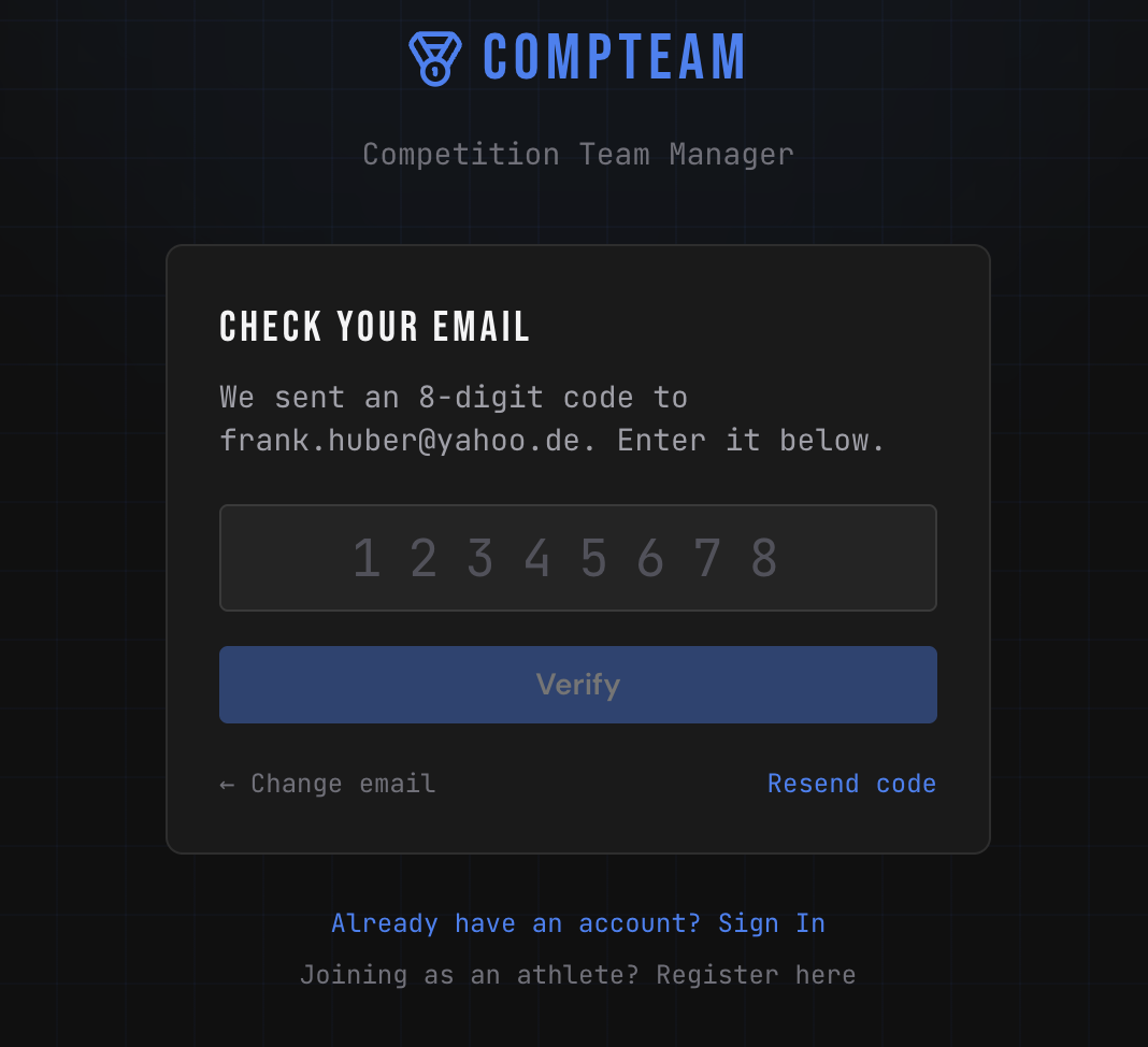 Email verification — check your inbox for the 8-digit code