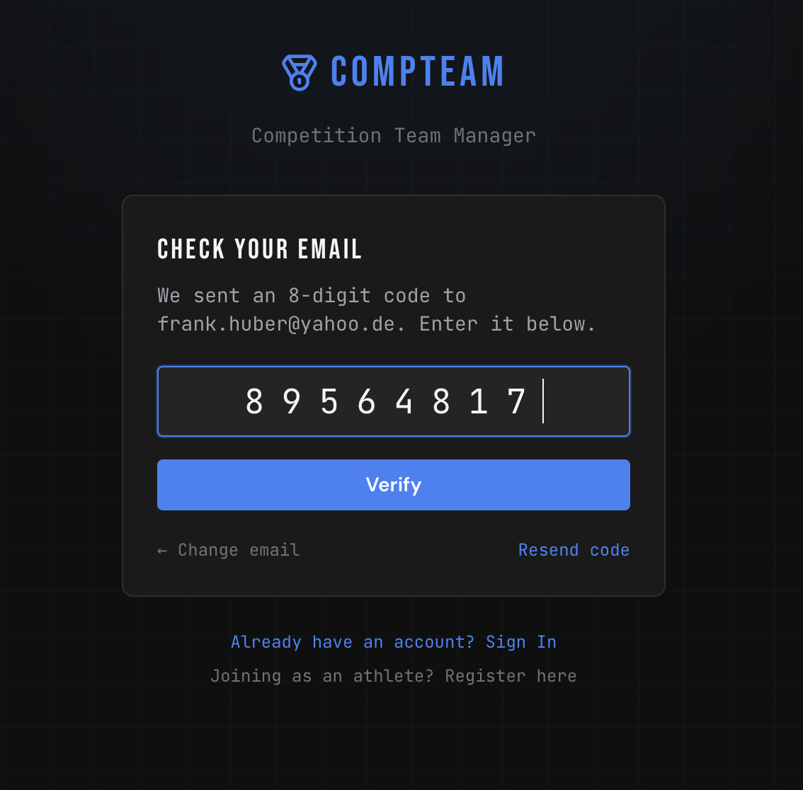 Email verification — 8-digit code entered