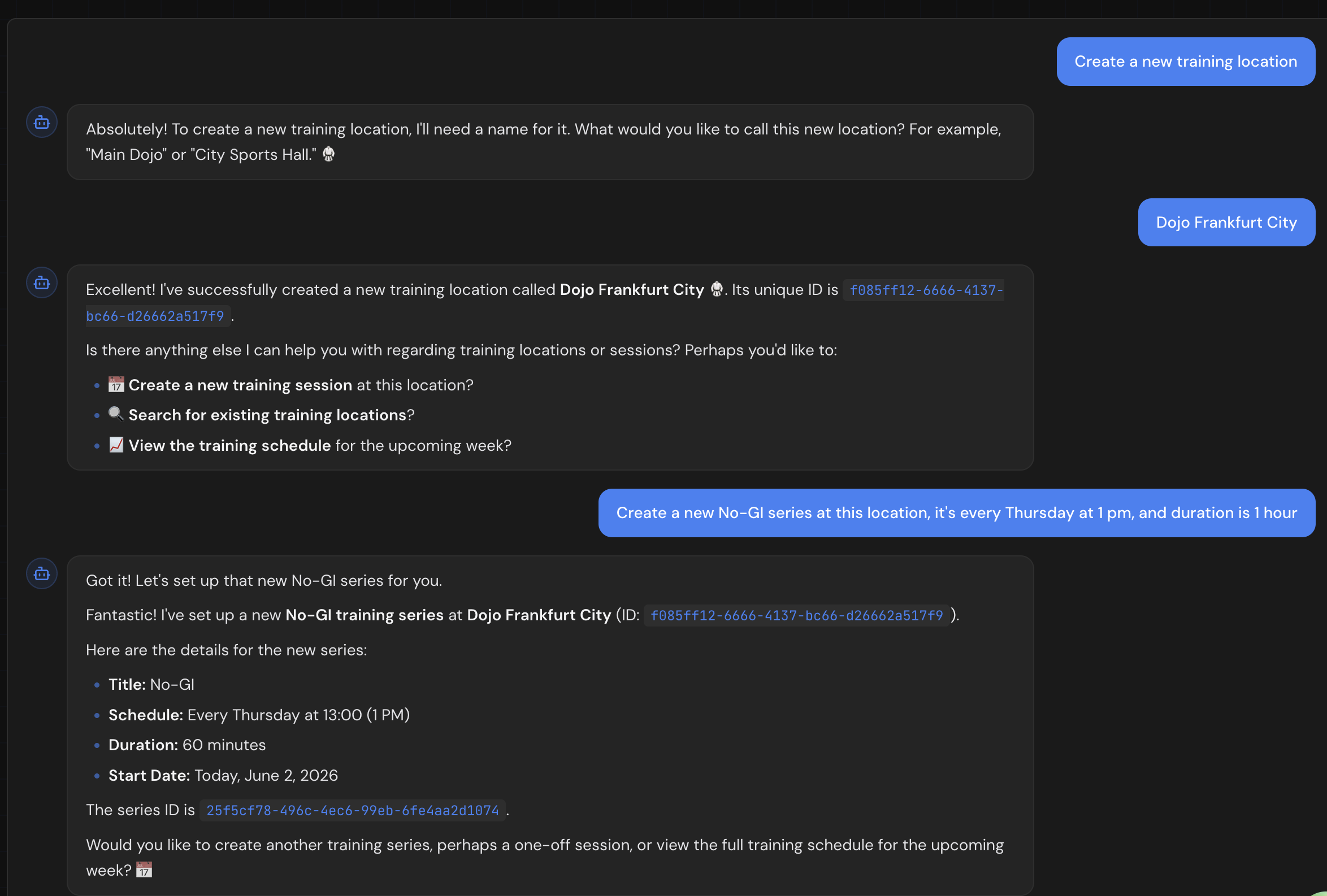 AI Companion — creating a training location and scheduling a No-Gi series in one conversation