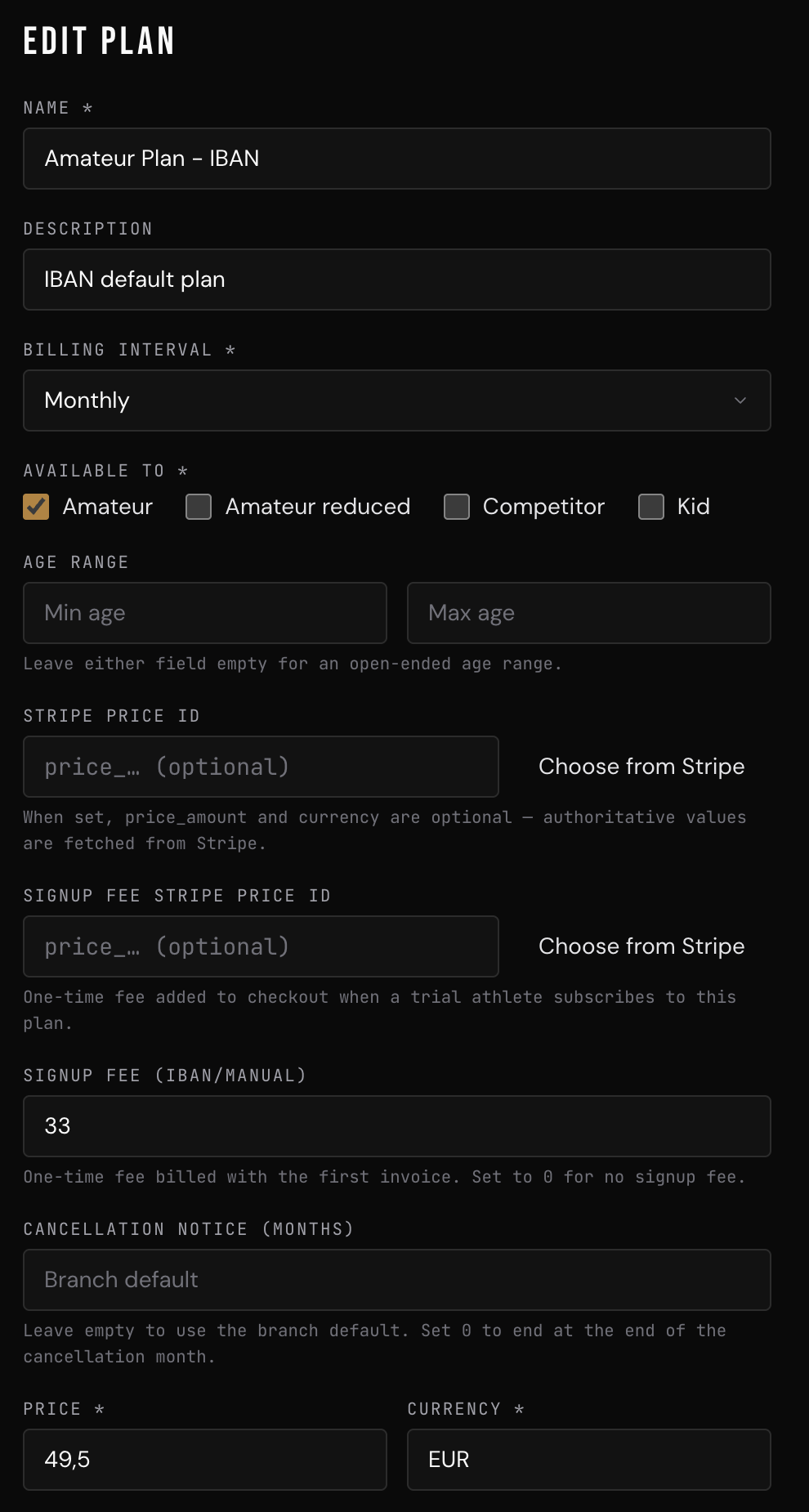 Formulaire Modifier la formule — Stripe Price ID, frais d'inscription, préavis, prix et devise