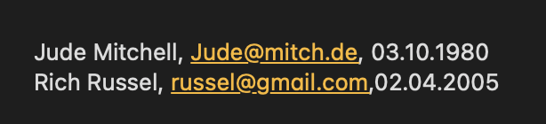 Paste input — name, email, and date of birth added