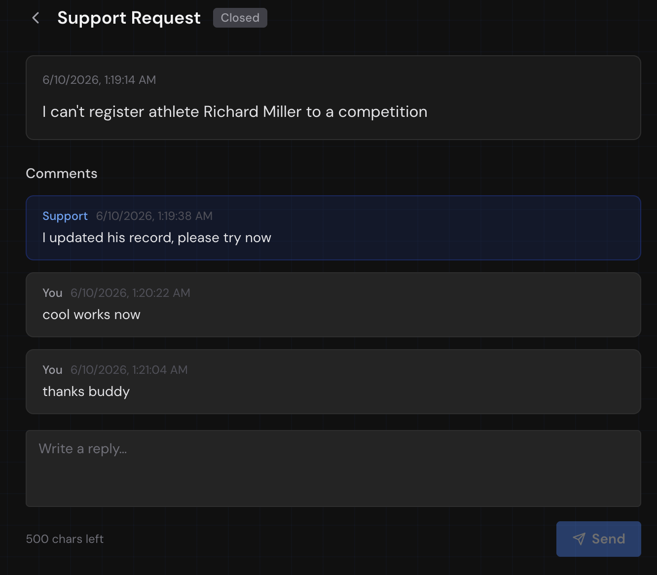 Support request conversation showing replies from the support team and the requester