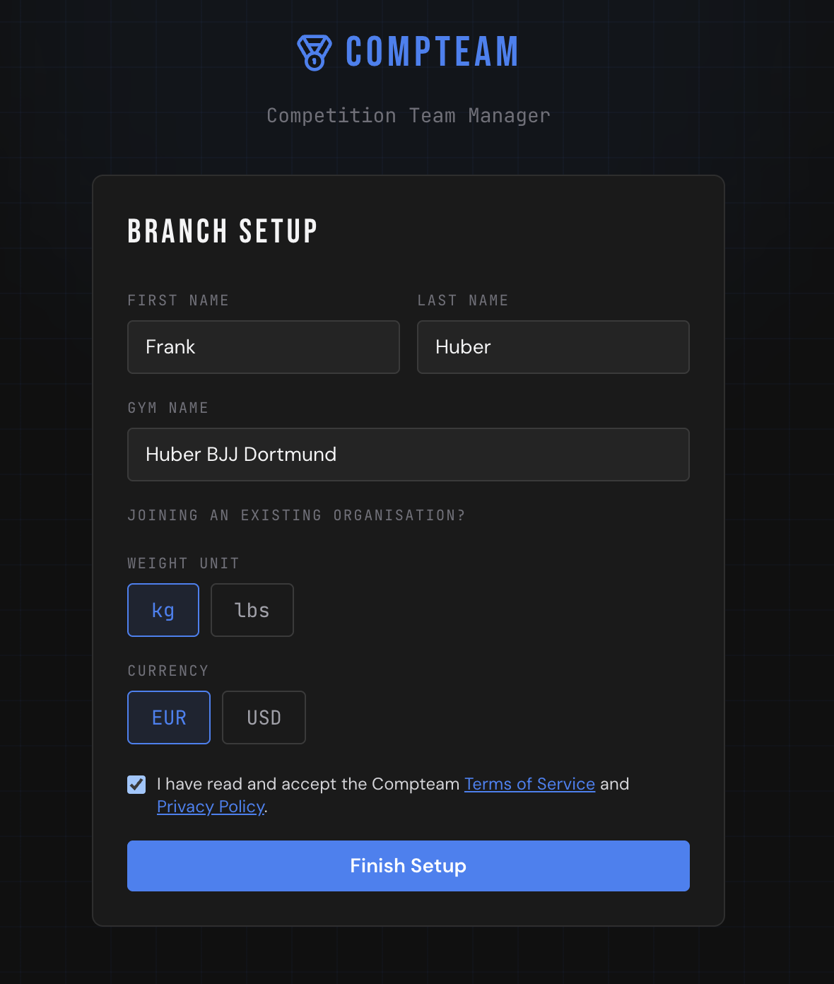 Branch Setup form — gym name field and merged consent checkbox