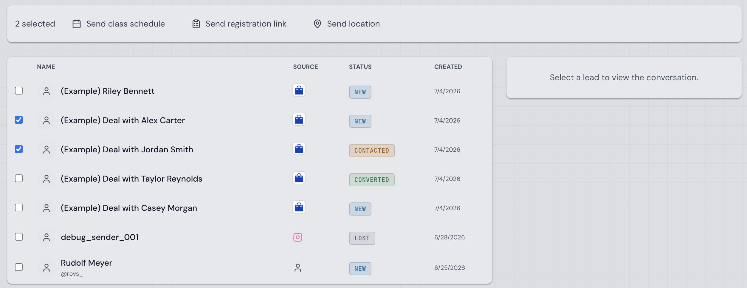 Compteam Leads page with selected leads and actions for class schedule, registration link, and location