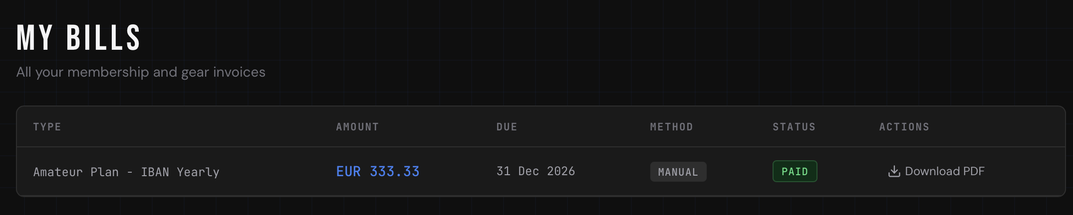 My Bills — invoice list with status and payment method