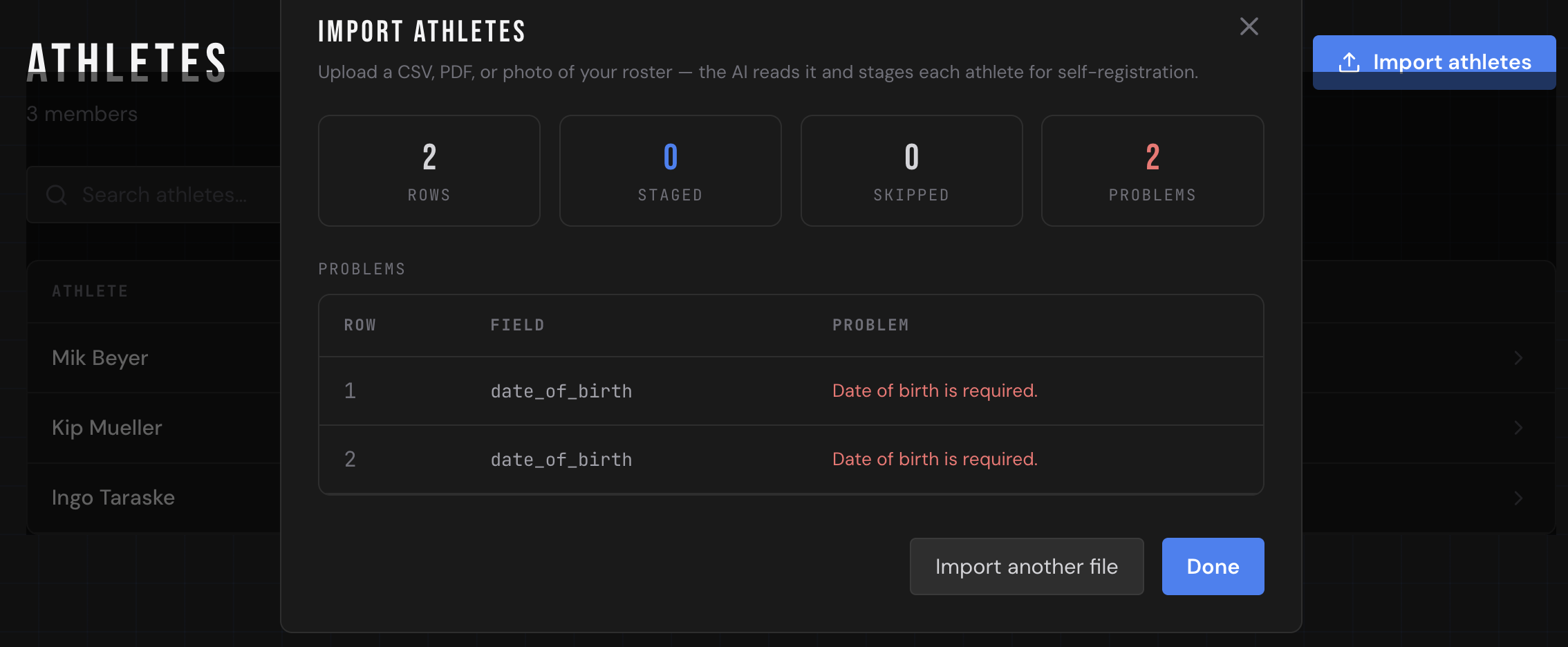Import modal — problems table showing date_of_birth required for rows 1 and 2