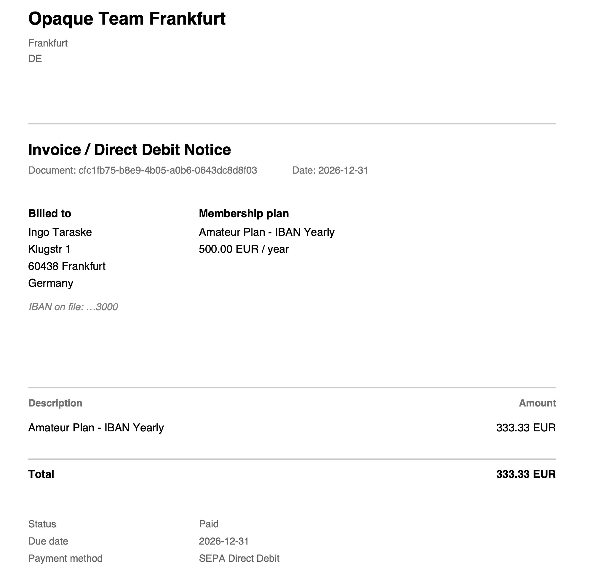Invoice PDF showing Direct Debit Notice with IBAN on file