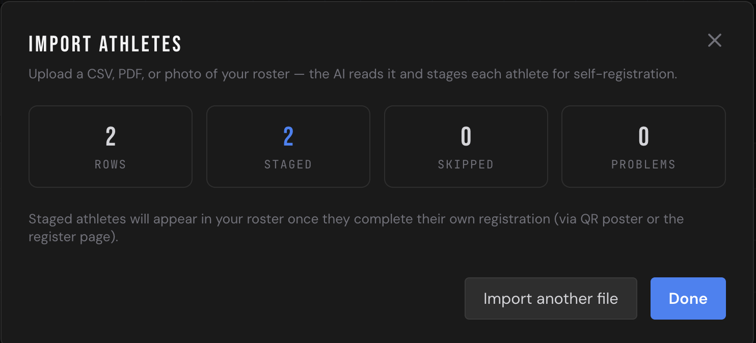 Import modal — 2 rows, 2 staged, 0 skipped, 0 problems