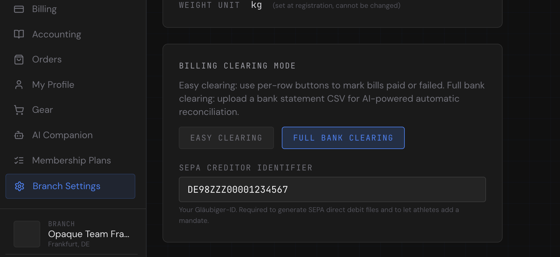 Branch Settings — Billing Clearing Mode and SEPA Creditor Identifier