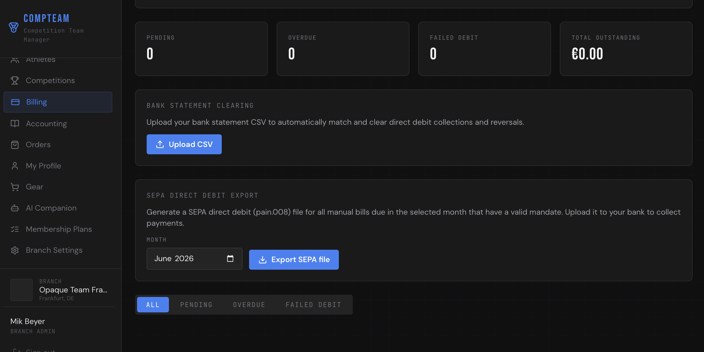 Billing page — SEPA Direct Debit Export panel