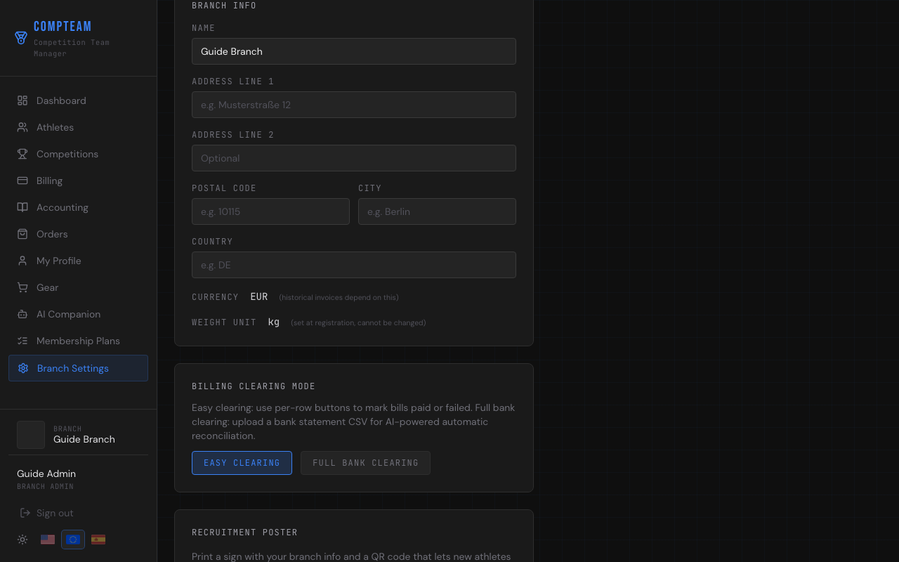 Branch Settings — branch info fields