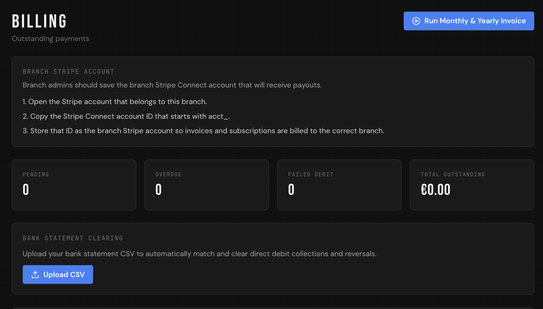 Billing page — Run Monthly & Yearly Invoice button