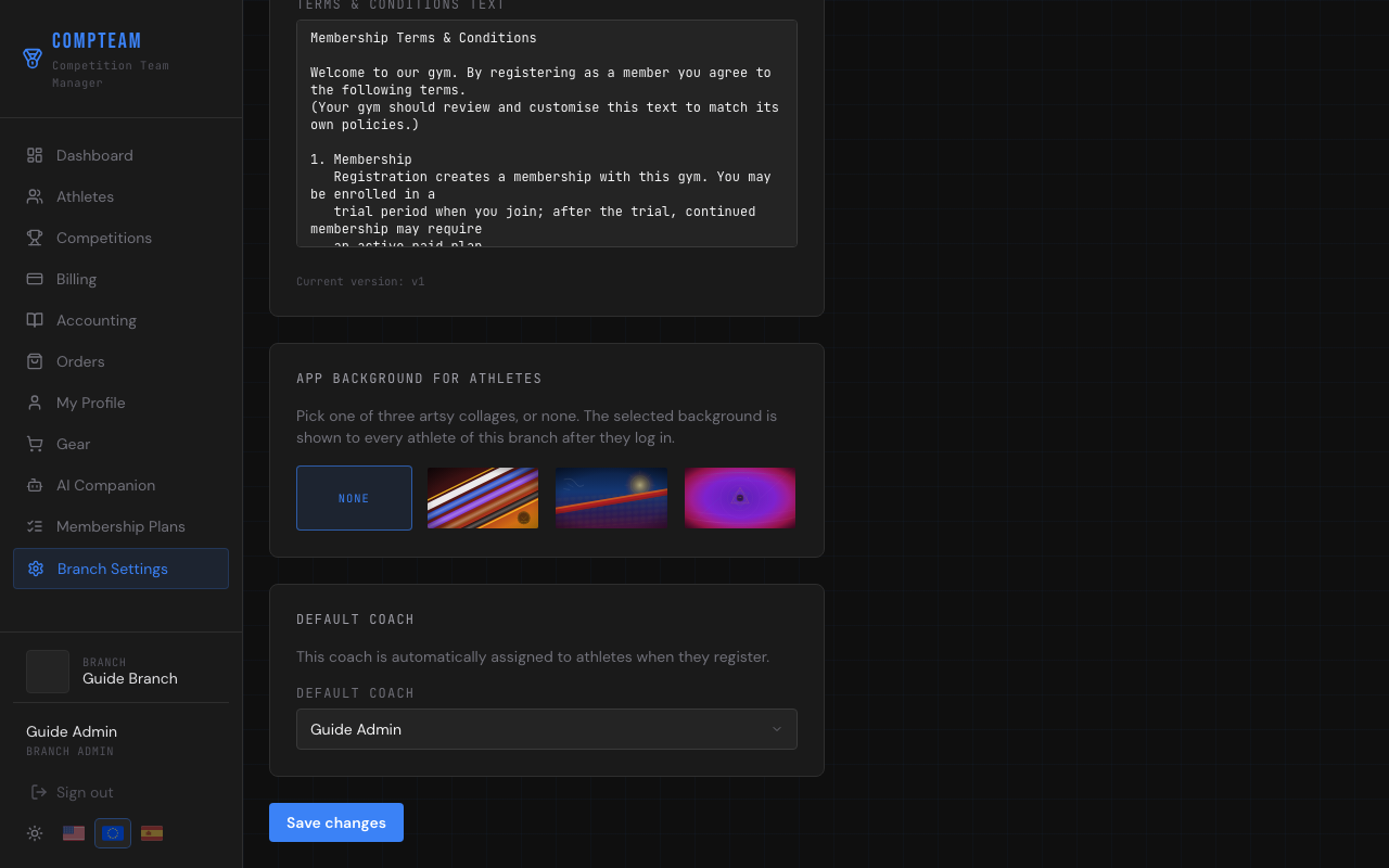 Branch Settings — Default Coach dropdown