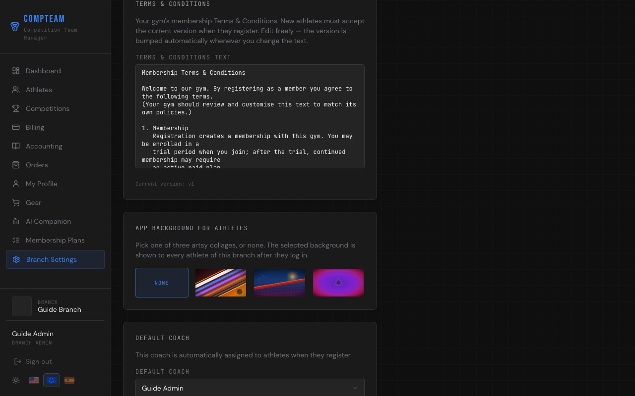 Branch Settings — Terms & Conditions text area