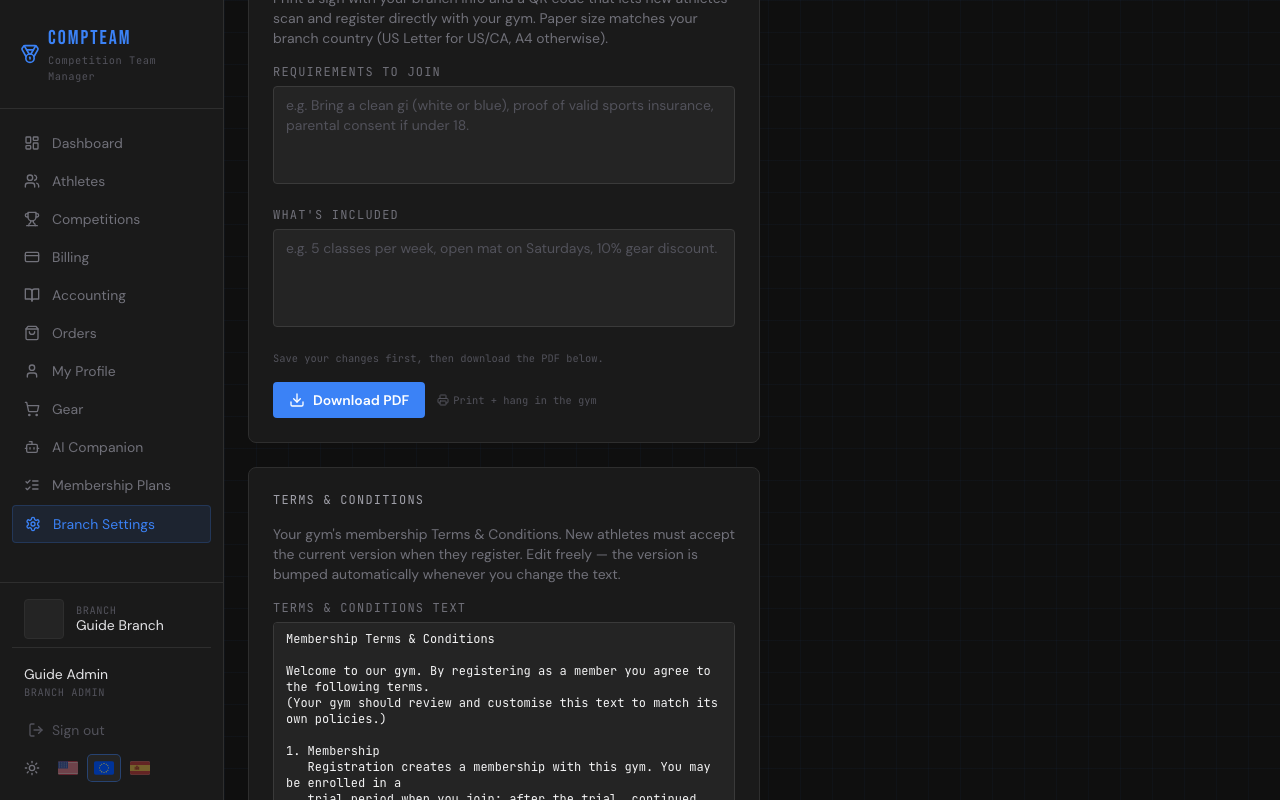 Branch Settings — Download PDF button