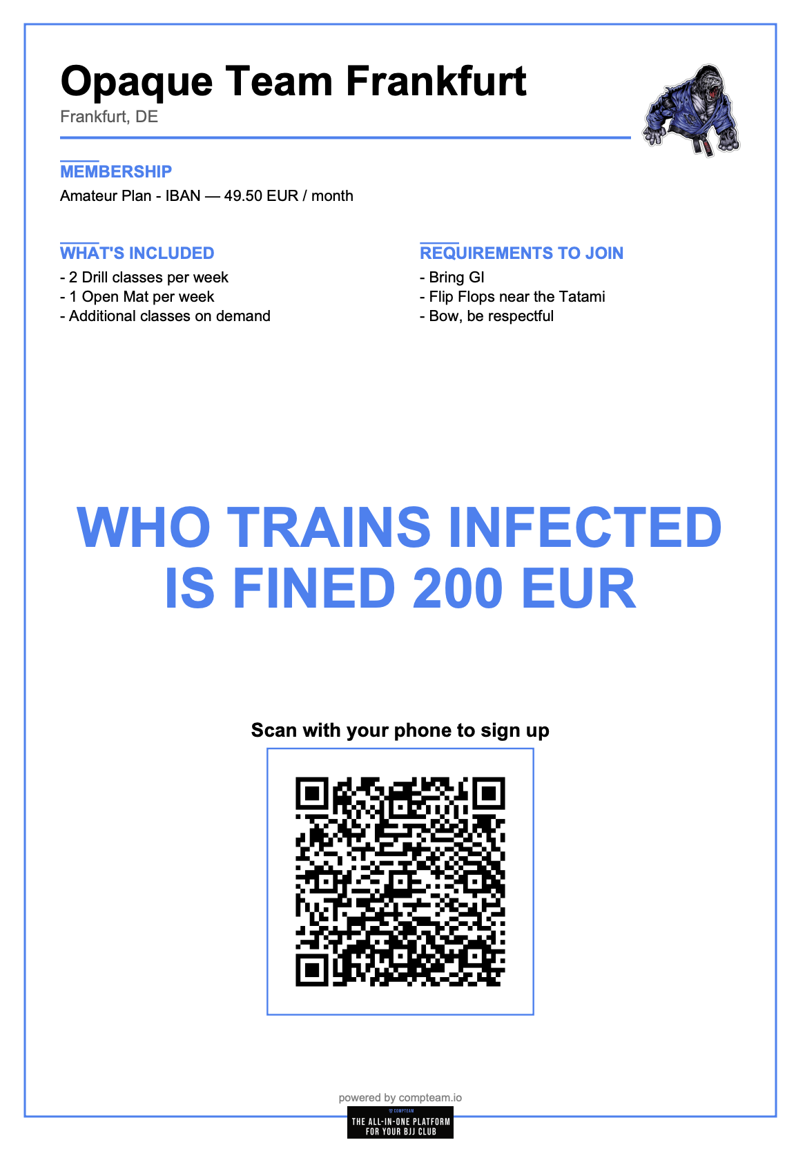 Self-registration poster with QR code, printed and ready to hang at the gym