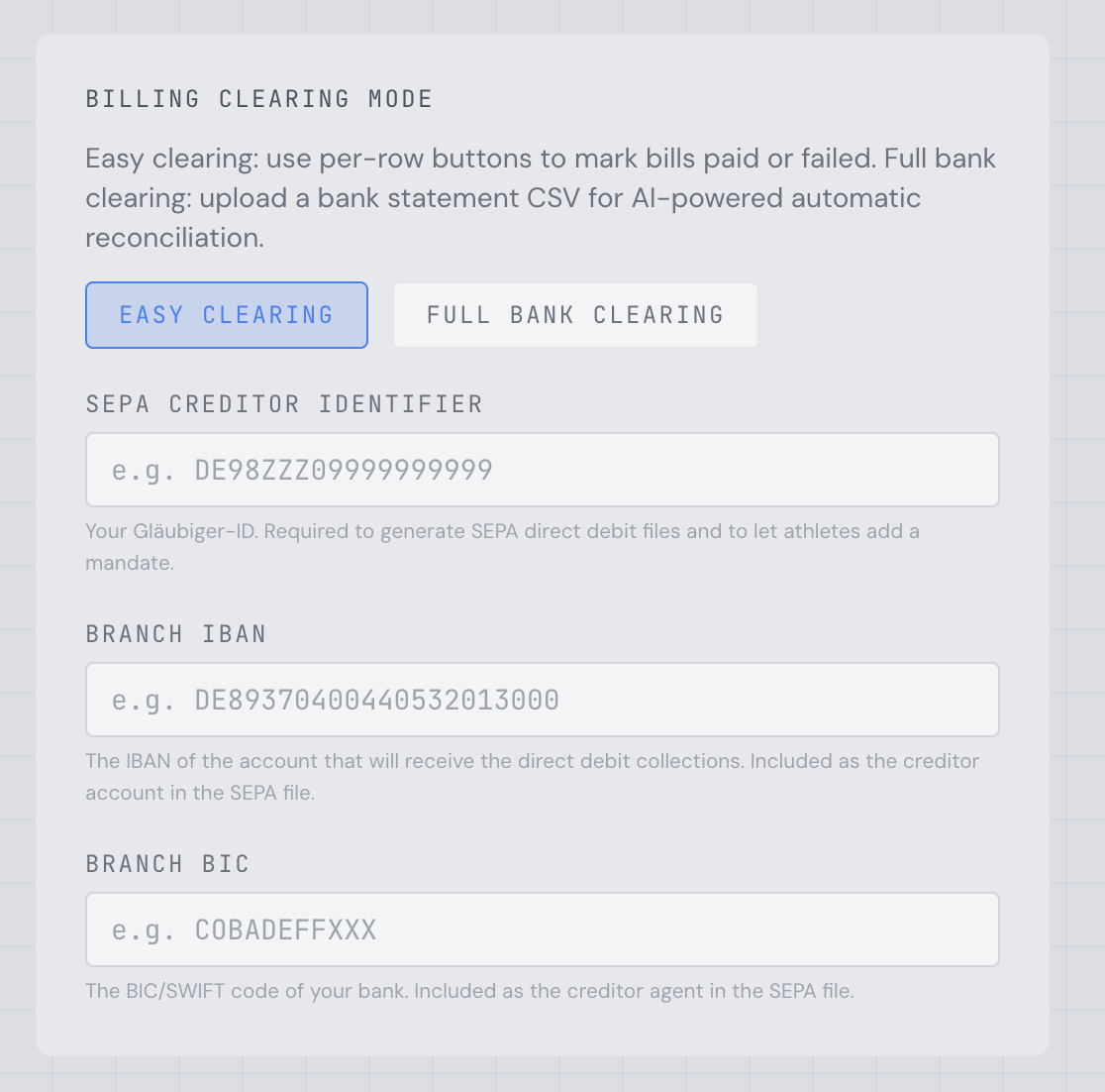 Branch Settings — Billing clearing mode, SEPA Creditor Identifier, Branch IBAN and BIC fields