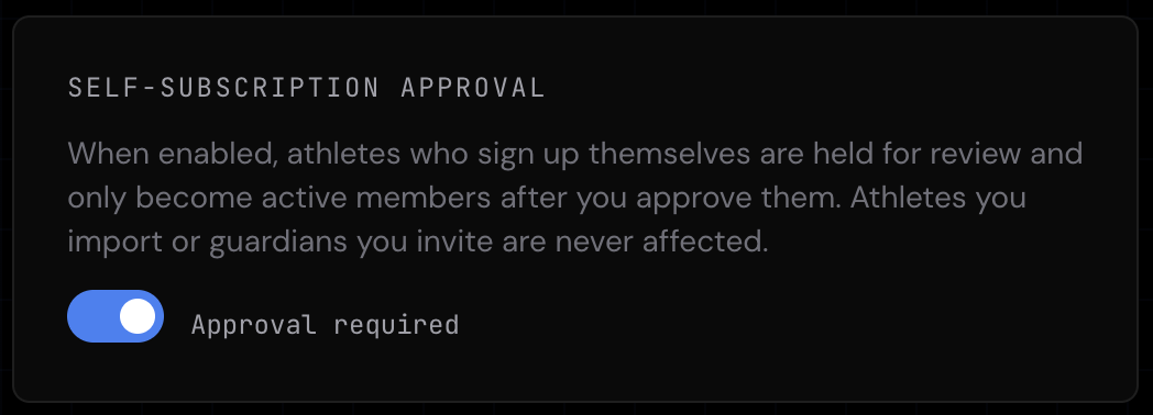 Athletes page — "Pending – self subscription" list with Approve and Decline buttons