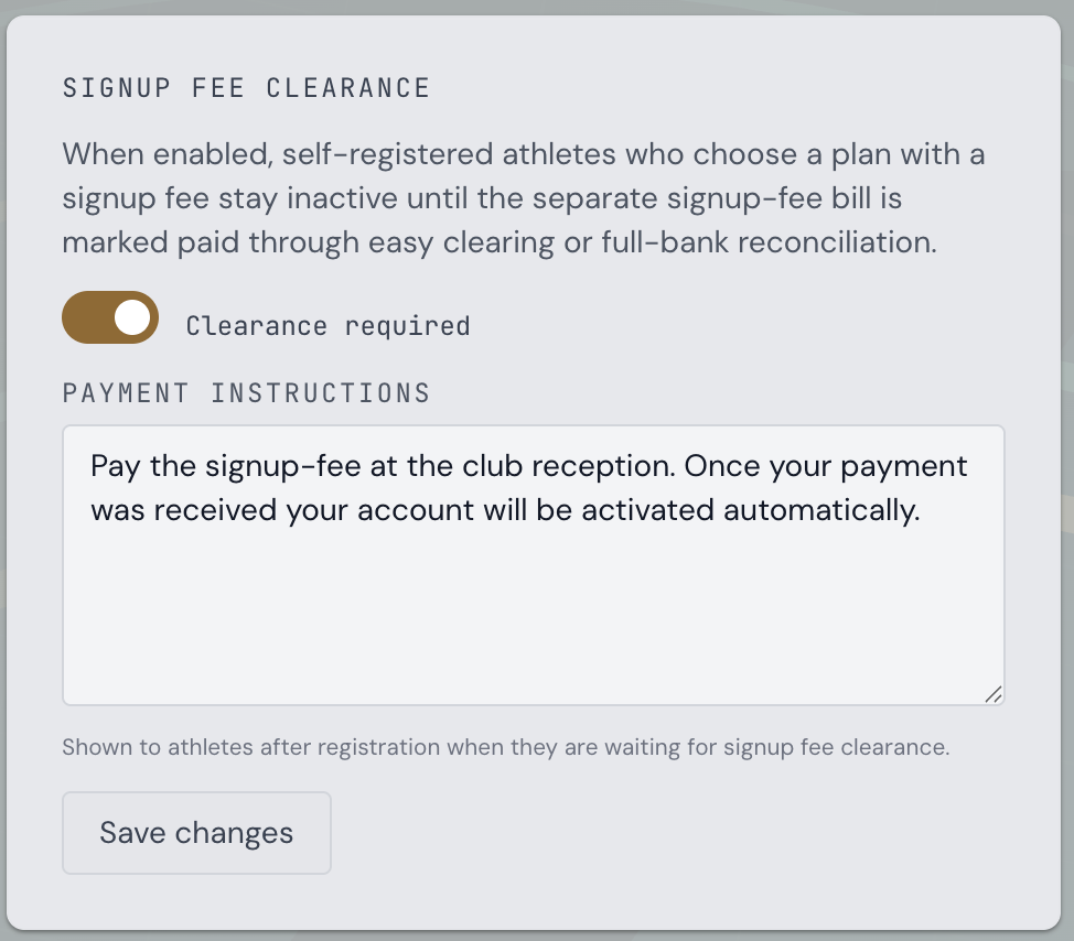 Branch Settings - Signup fee clearance toggle and payment instructions