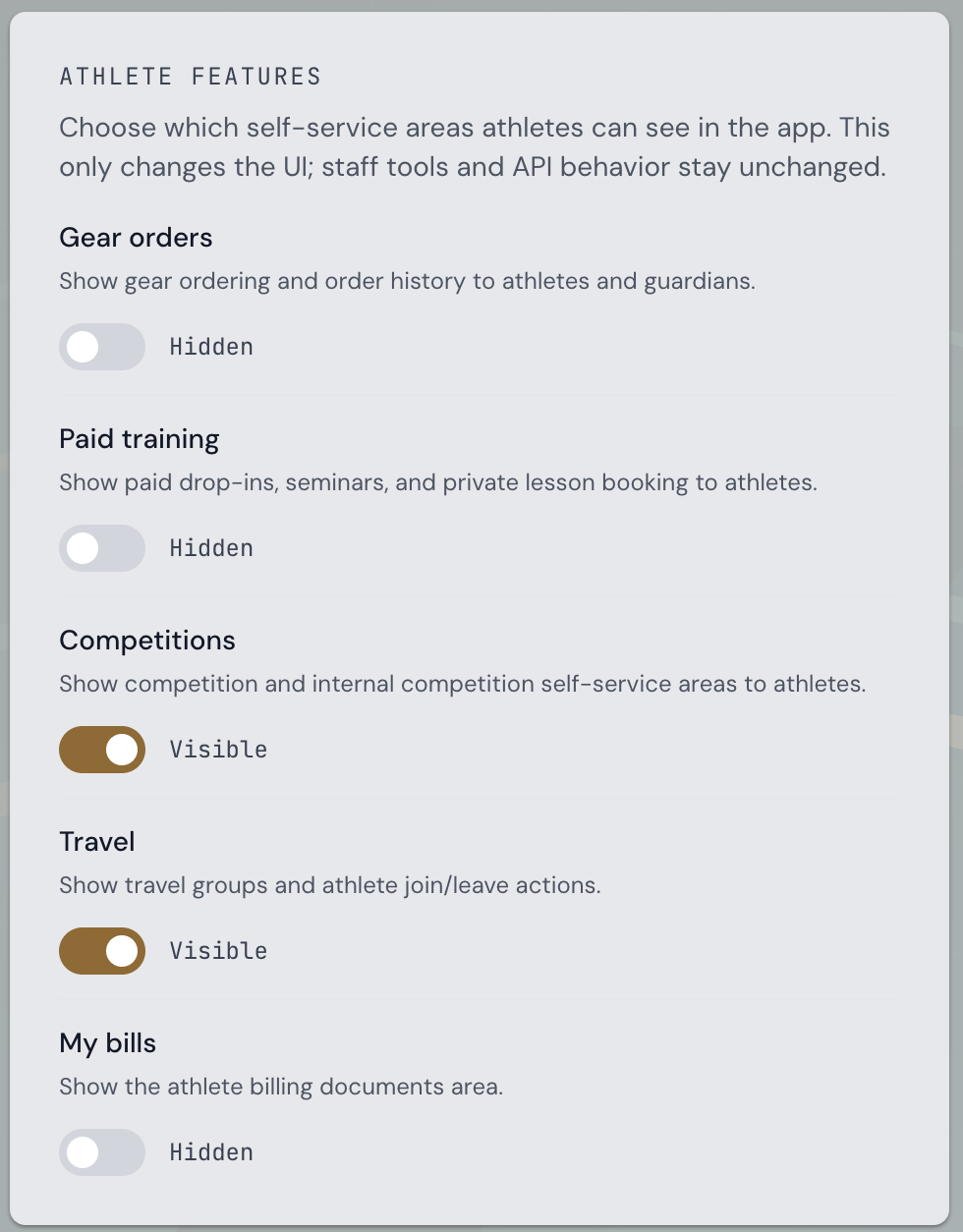 Branch Settings - Athlete features visibility controls