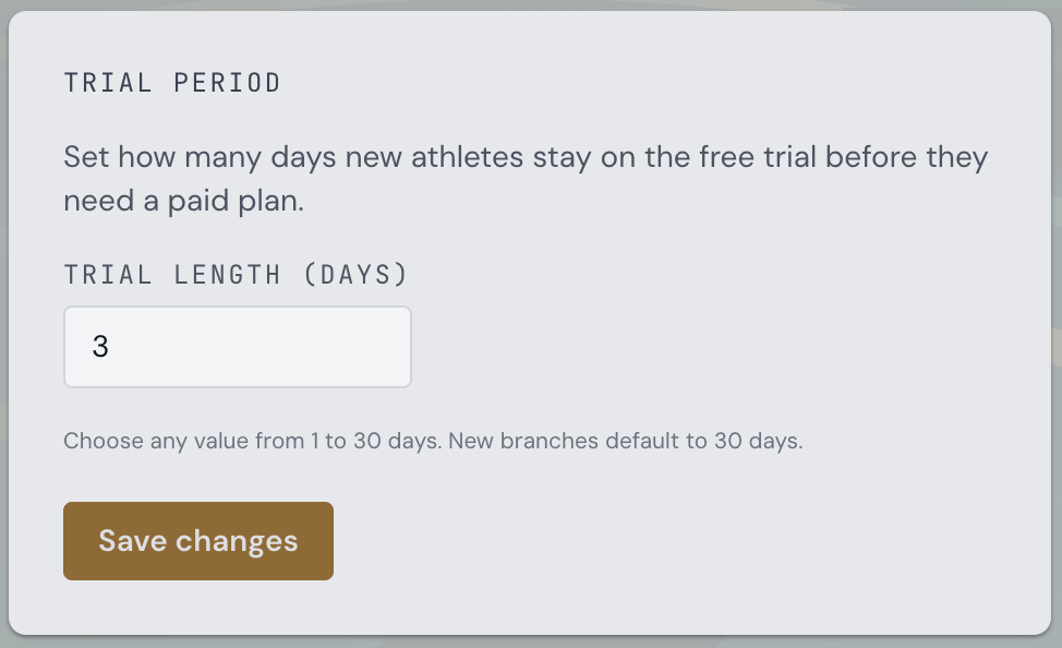 Branch Settings - Trial period card