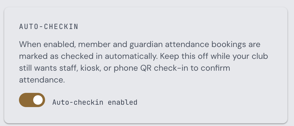 Branch Settings screen showing the Auto-checkin toggle enabled