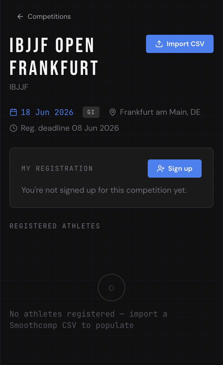 Competition detail — sign-up, ruleset, athlete list