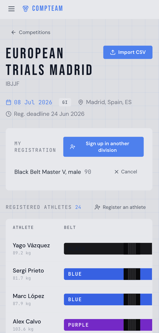 Competition registrations — athlete sign-ups, divisions and CSV import