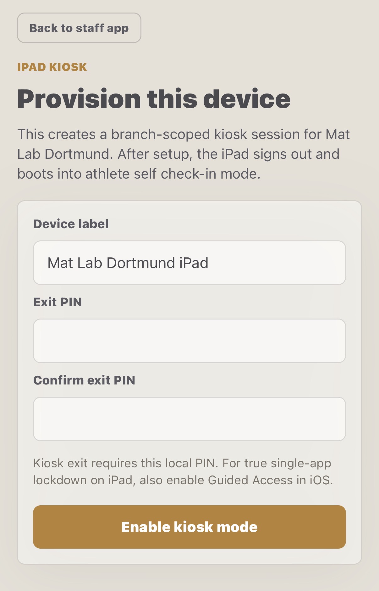 Écran de provisionnement du kiosque Compteam montrant le nom de l'appareil et les champs du code PIN de sortie