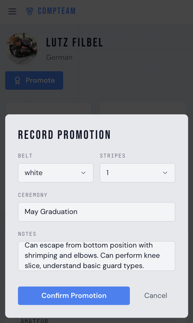 Record promotion modal — belt, stripes, ceremony and coaching notes