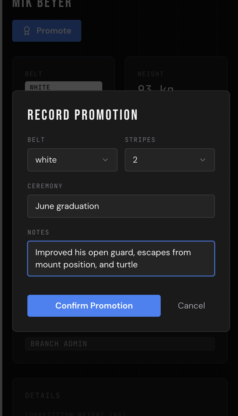 Record promotion modal — belt, stripes, ceremony and coaching notes