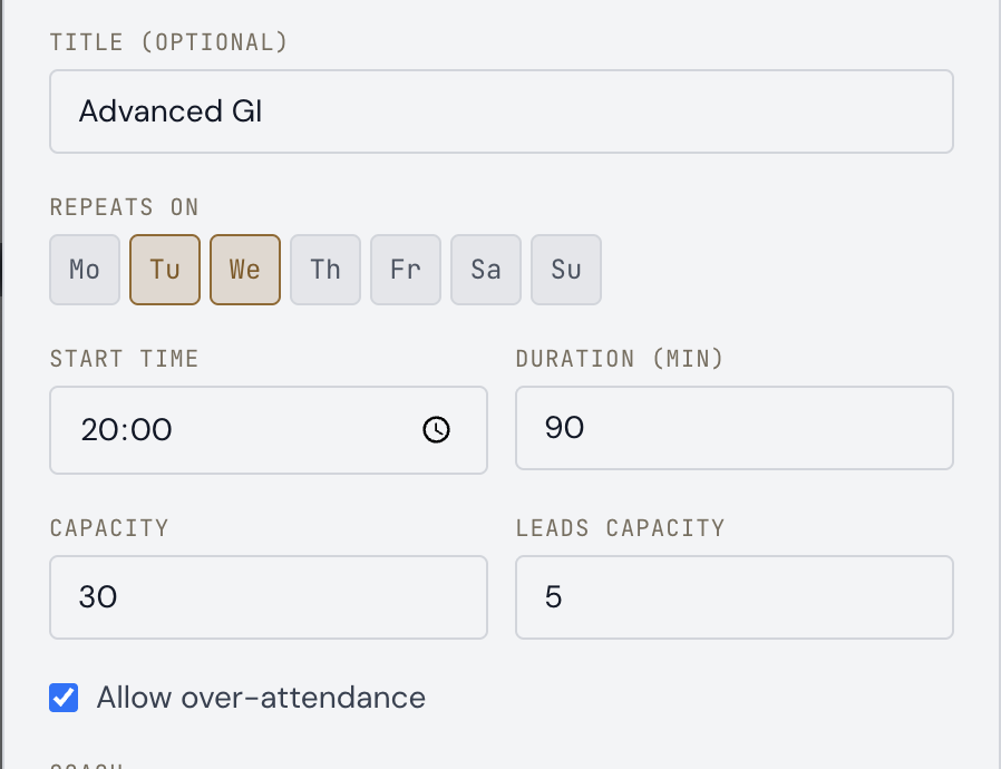 Series editor showing class capacity and leads capacity fields