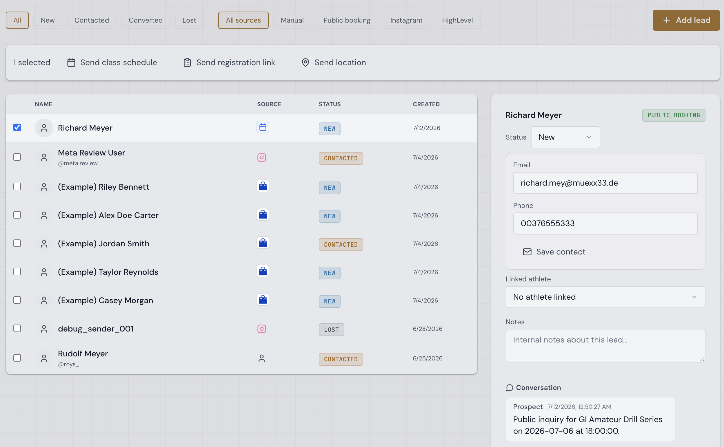 Leads page showing a public booking lead with email follow-up and mass-send actions