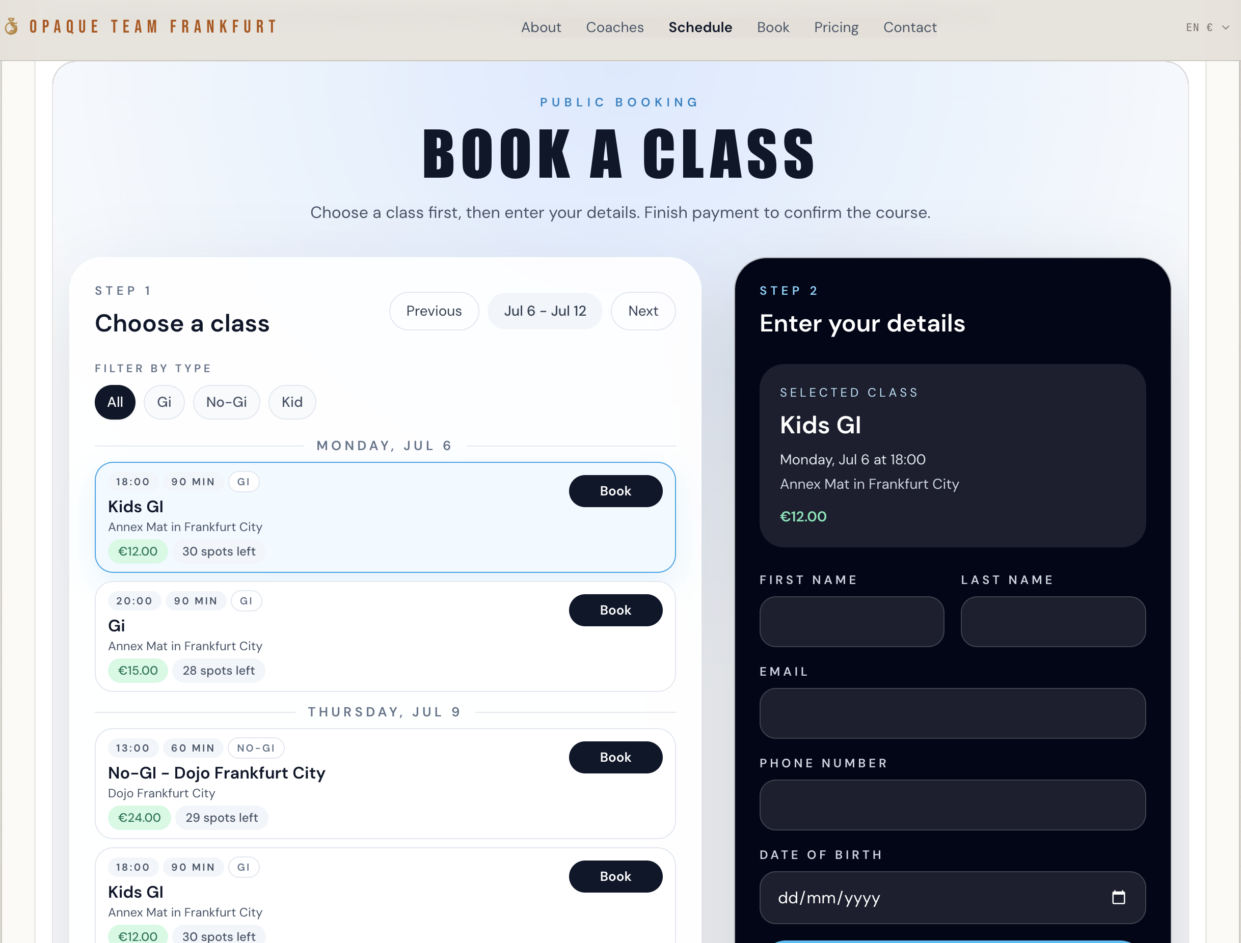 Public booking page for your website