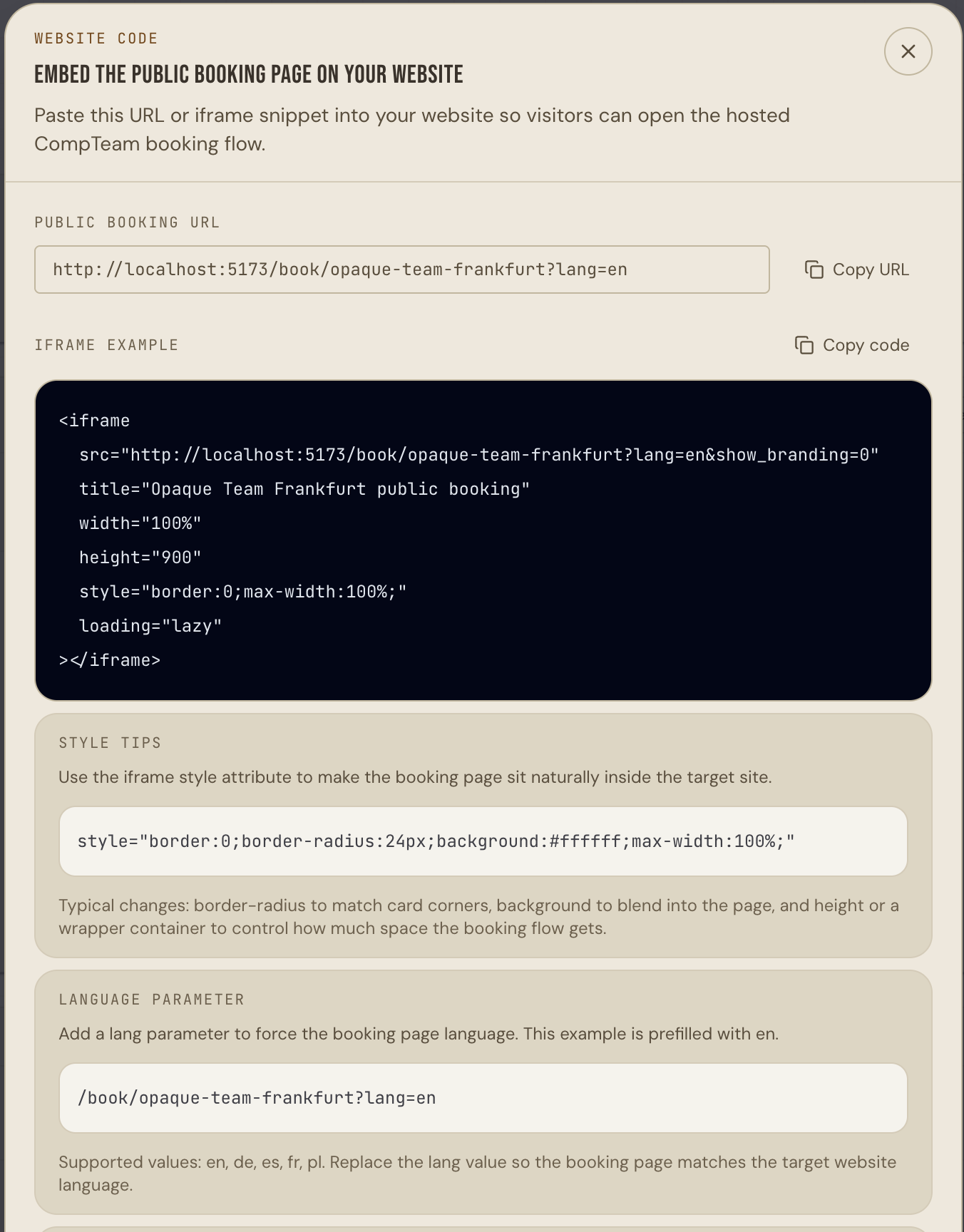 Website code modal with public booking URL and iframe example