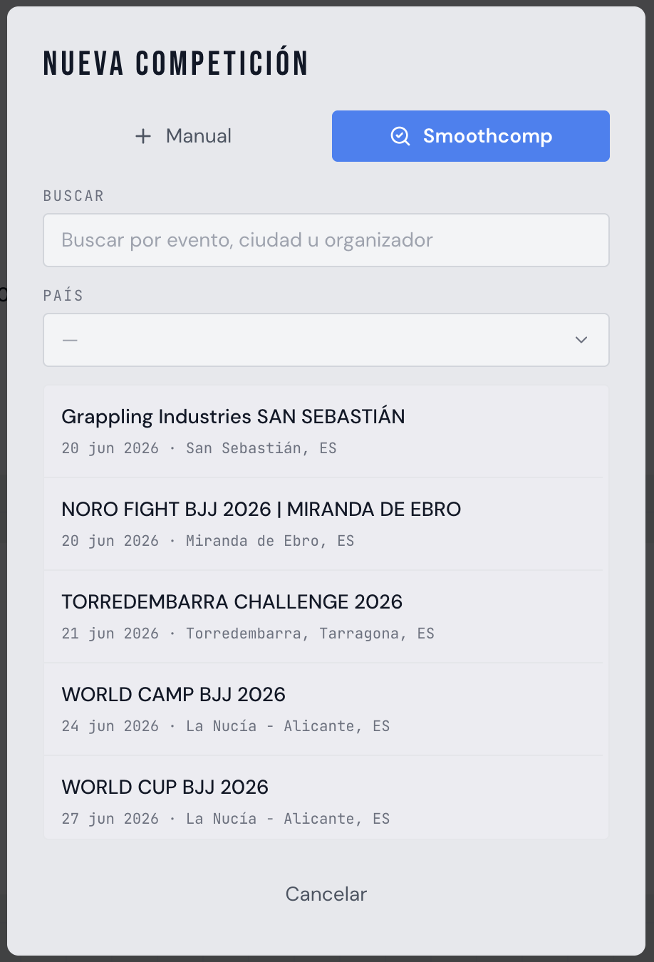 Smoothcomp event import and competition matching workflow inside CompTeam