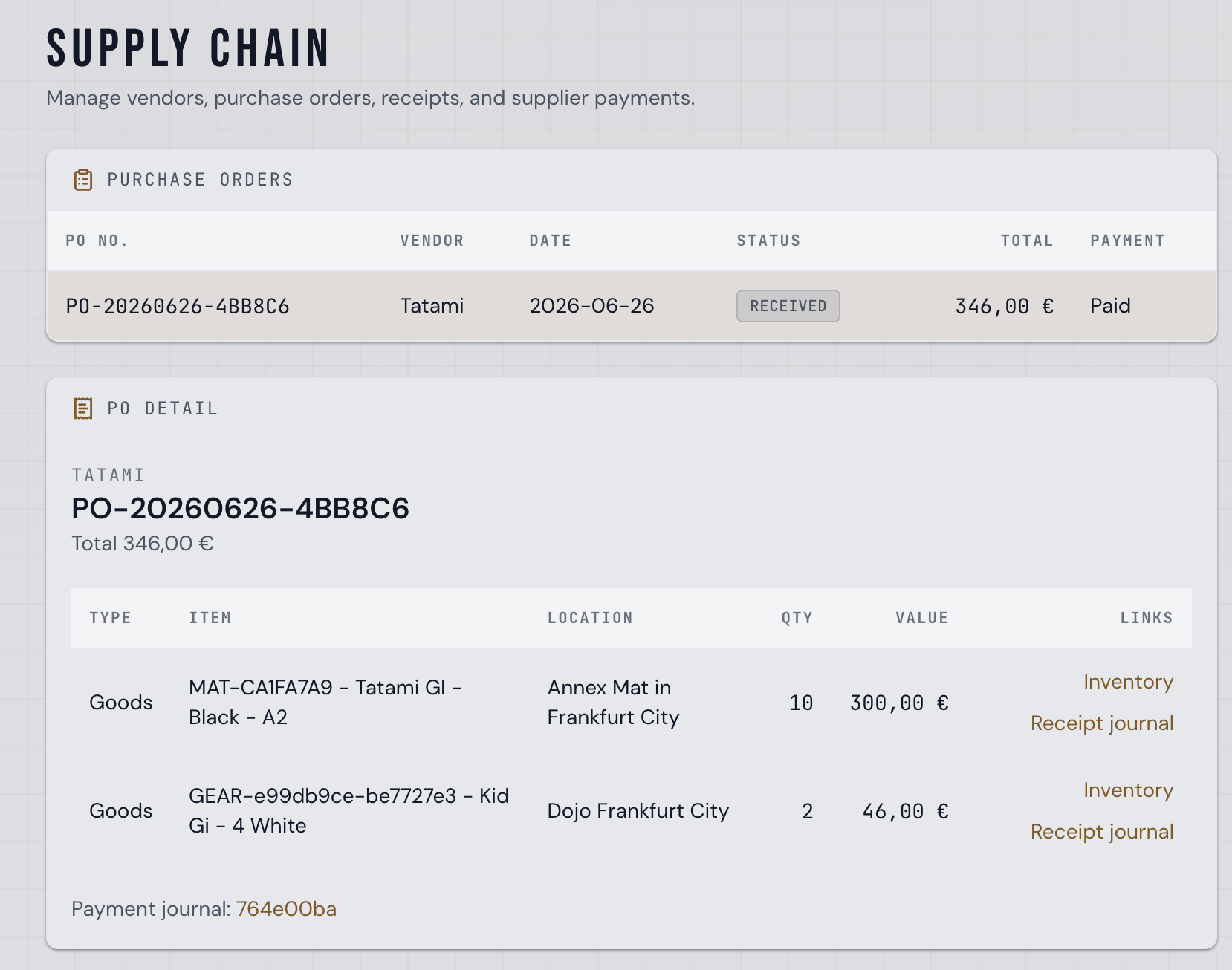 A received and paid purchase order with Inventory and Receipt journal links per line and a payment journal reference