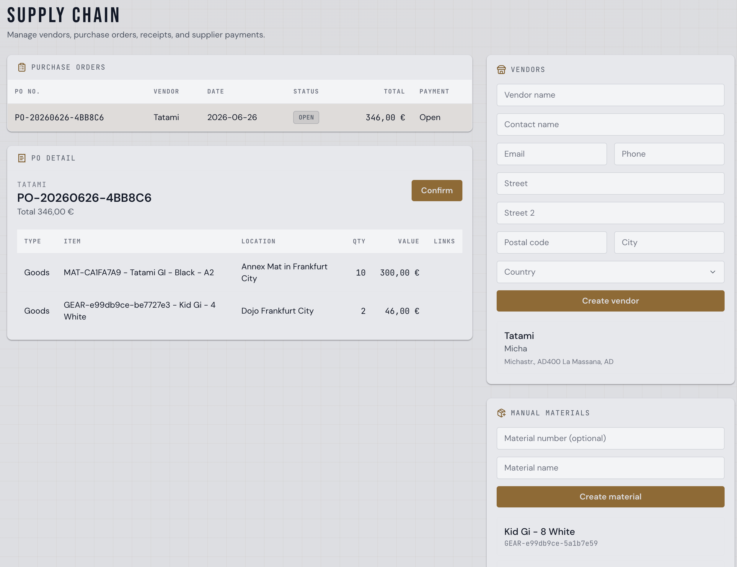 Supply Chain page with a purchase order, its line items, and the vendor creation form
