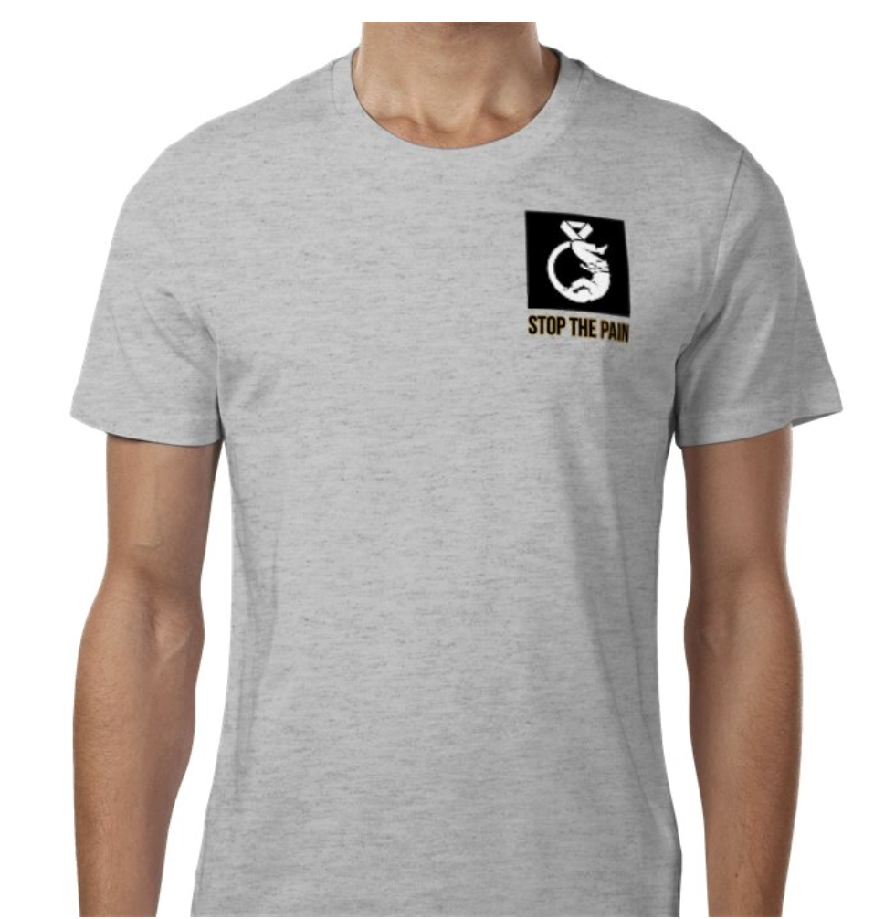 Front view of the grey Compteam supporter T-shirt with the Stop The Pain chest print